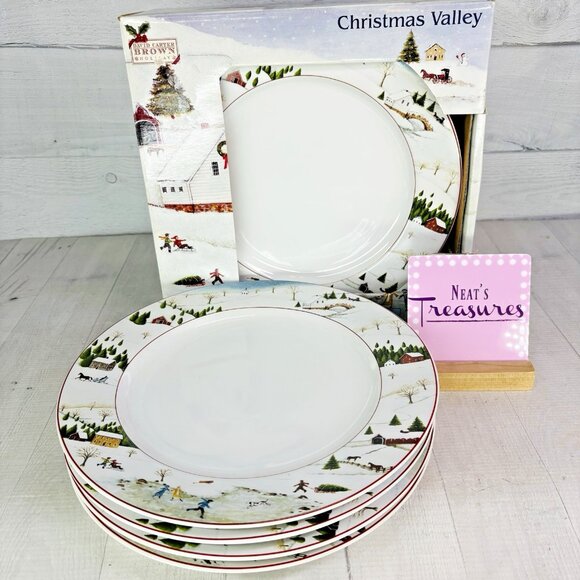 2002 David Carter Brown HOLIDAY Sakura CHRISTMAS VALLEY Dinner Plate Set 4 NEW - Picture 1 of 16